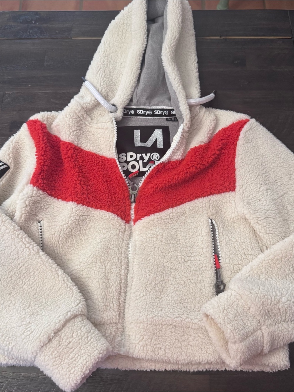 Superdry Cream Sherpa Zip-Up Hoodie with Red Chevron